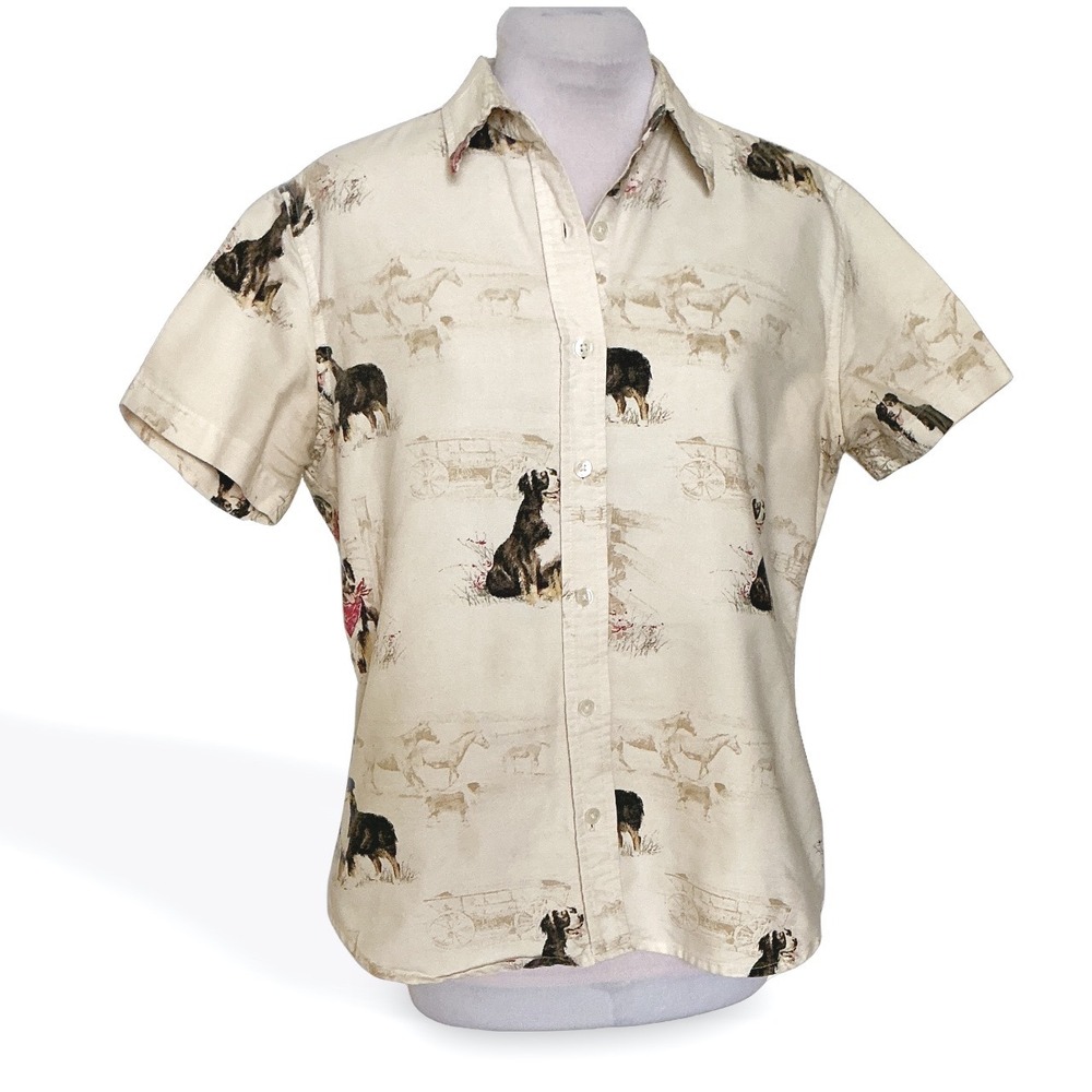 Bit & Bridle Dog Print Button Up Shirt Womens Medium Western Ranch Cotton Blend